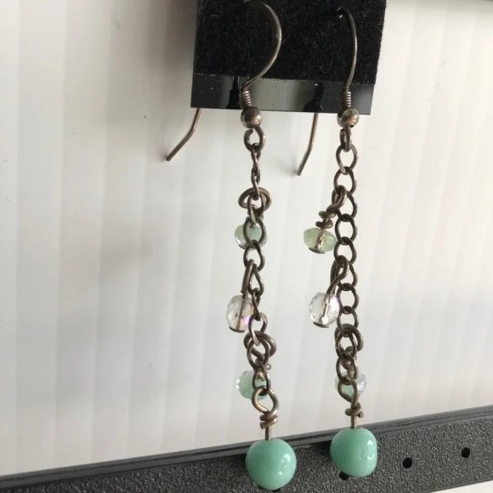 Vintage Handmade Aqua Beads Crystal Sterling Silver Dangle Drop Earrings